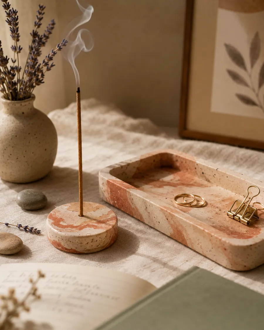 Concrete desk and zen pieces